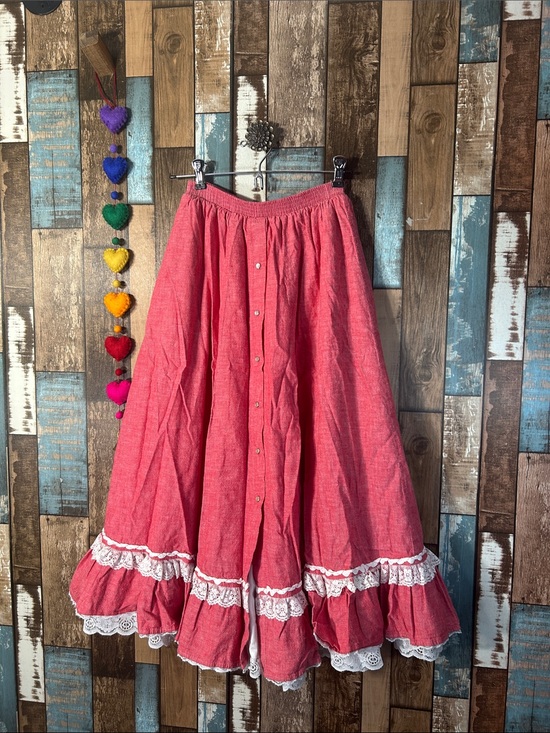 Rockmount Dresses & Skirts - Brand Red Ruffled A-Line Midi Skirt with Lace Trim western